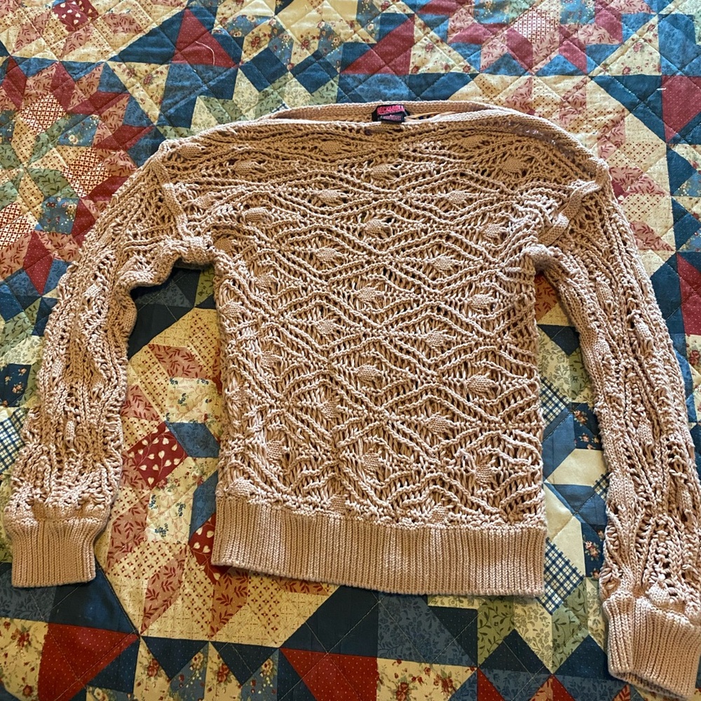 Rock & Roll Denim Crochet Pink Open Knit Sweater - Picture 6 of 6
